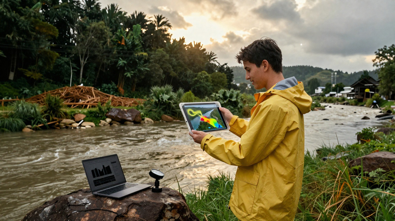 Jeune homme en imperméable jaune utilisant une tablette près d'une rivière avec un ordinateur sur une roche.