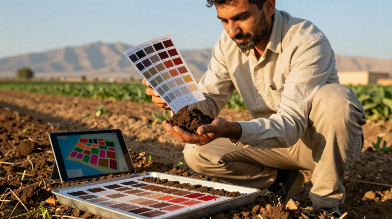 Un homme analyse la couleur du sol avec une charte de couleur dans un champ agricole sous un ciel clair.
