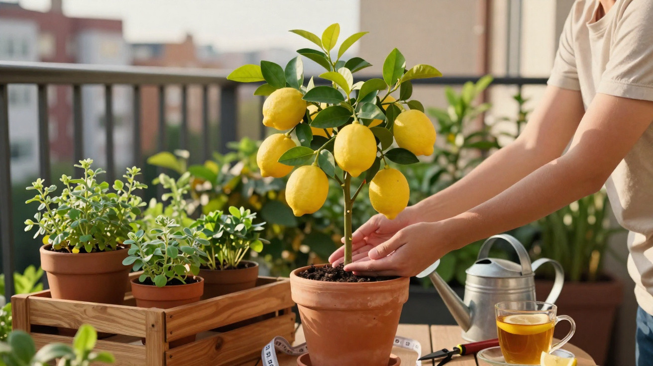 Personne prenant soin d'un citronnier en pot sur un balcon avec des plantes, un arrosoir et une tasse de thé.