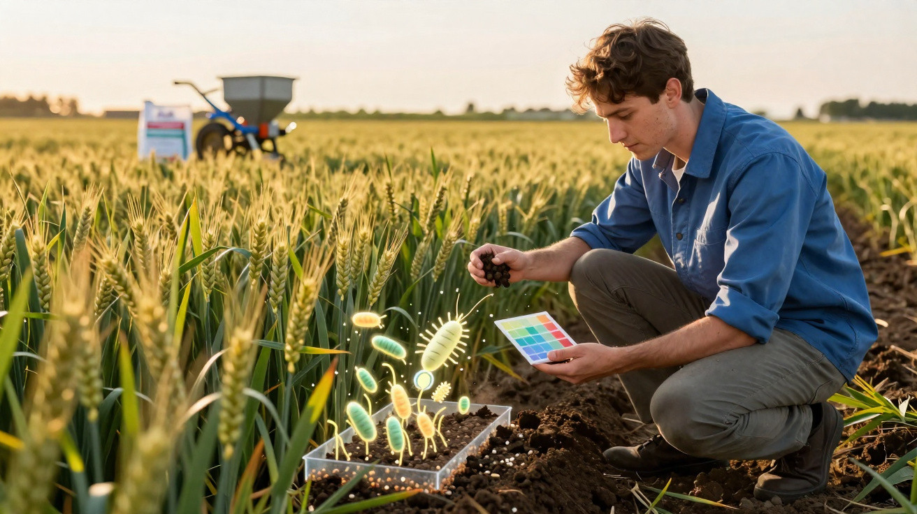 Un homme examine le sol d'un champ de blé avec une tablette montrant des bactéries agricoles en réalité augmentée.