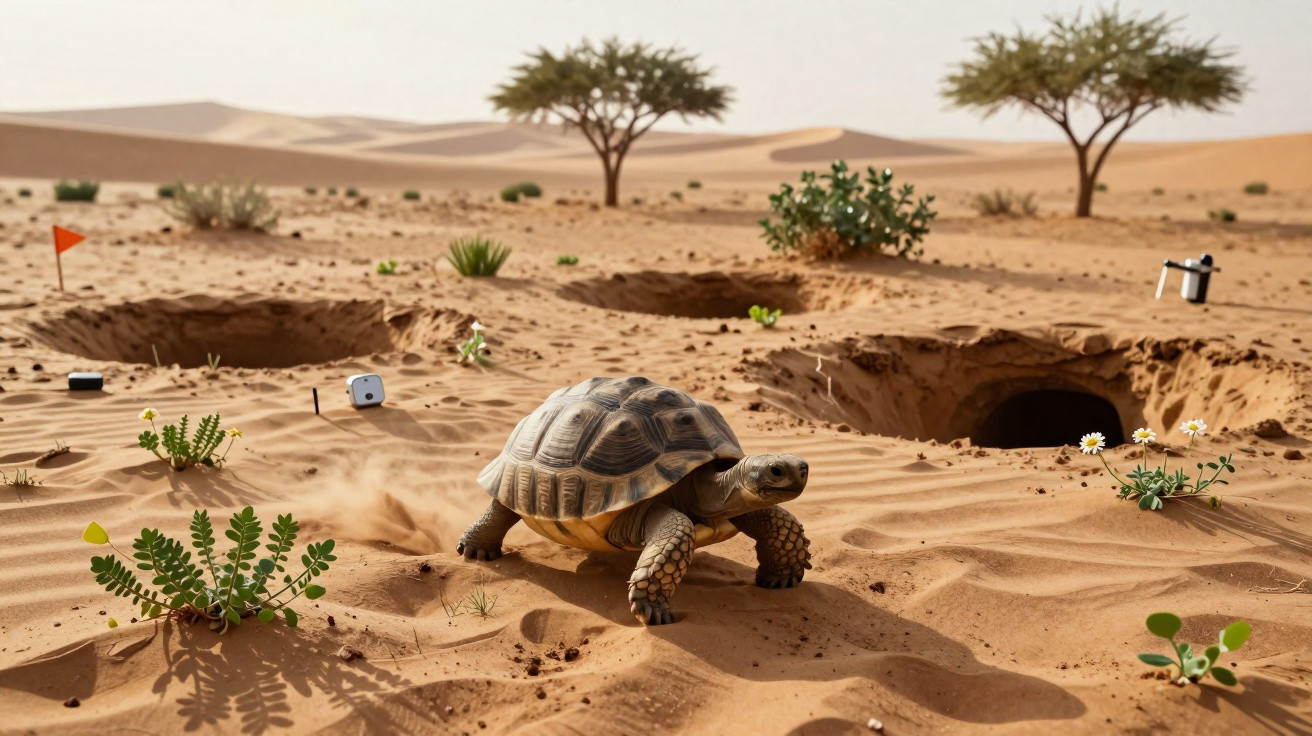 Une tortue marche dans le désert près de plusieurs terriers et de petites plantes sous un ciel clair.