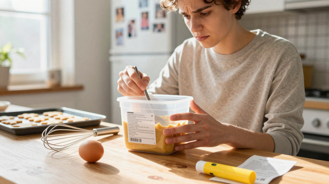 Personne concentrée mélangeant une préparation jaune dans un récipient en plastique dans une cuisine lumineuse.