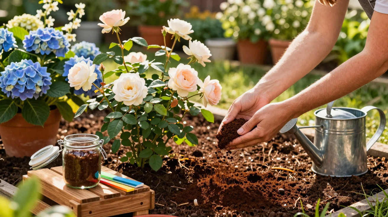 Mains versant de la terre dans un jardin avec rosiers en fleurs et arrosoir métallique posé à côté.