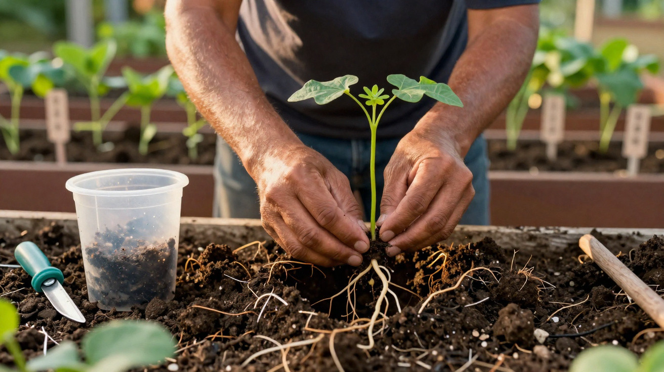 Un homme plante une jeune pousse en pleine terre dans un potager avec outils de jardinage à proximité.