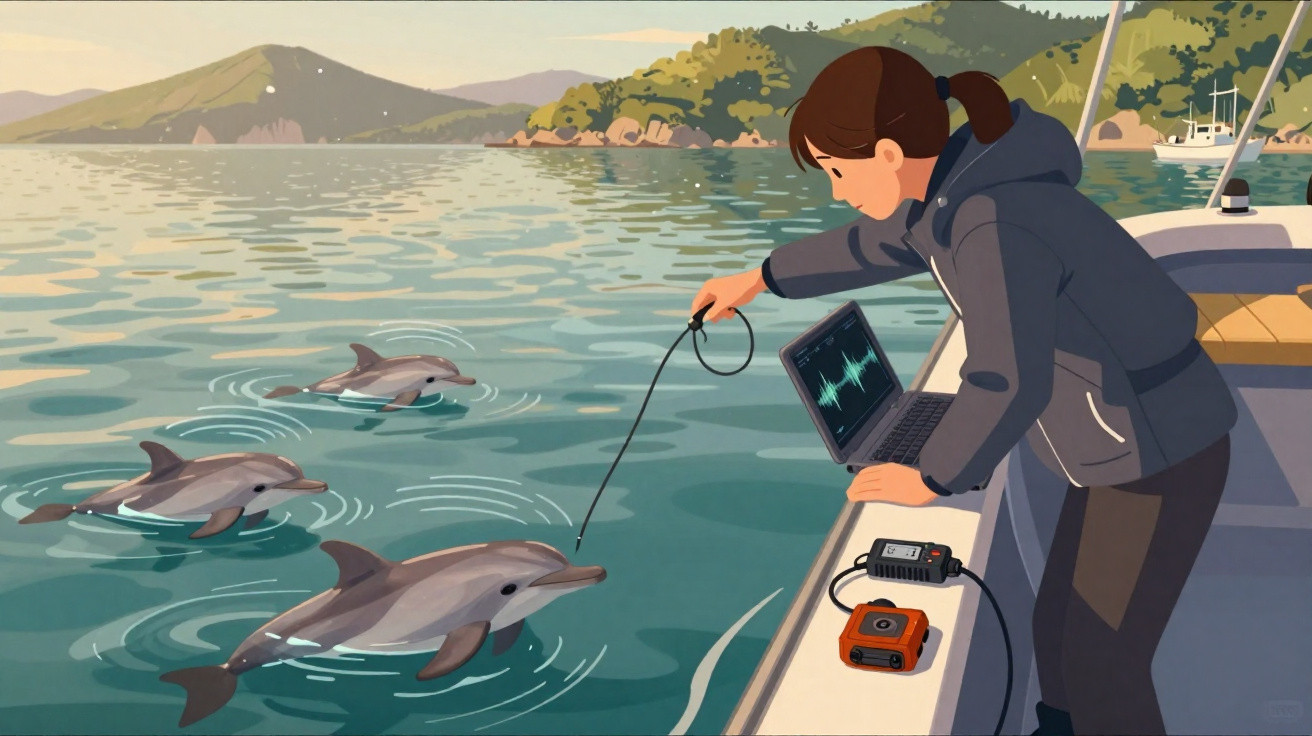 Chercheuse sur un bateau enregistrant les sons des dauphins nageant près de la côte.