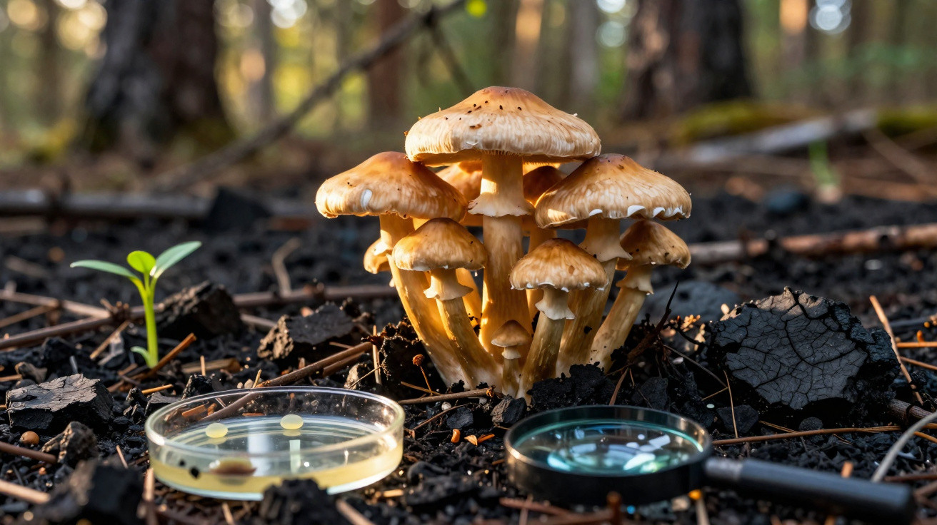 Groupe de champignons bruns poussant sur un sol forestier noirci, avec une loupe et une boîte de Pétri à côté.