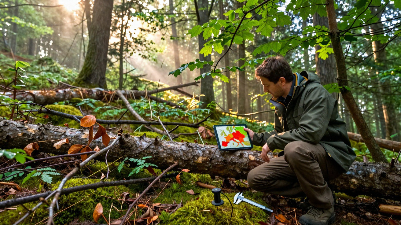Homme en tenue de terrain consultant une carte numérique dans une forêt dense au lever du soleil.