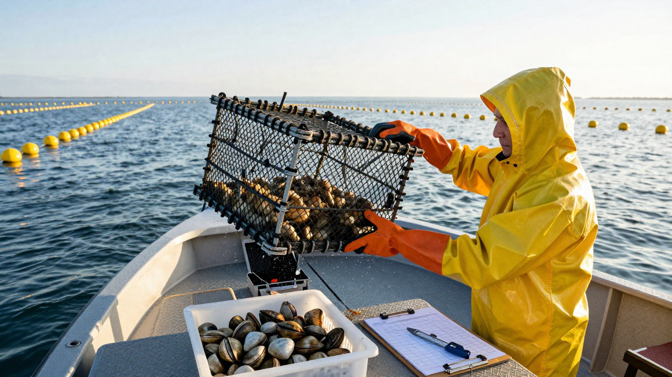 Huitrier en tenue de pluie jaune récoltant des palourdes en mer sur un bateau avec un buvard à coquillages.
