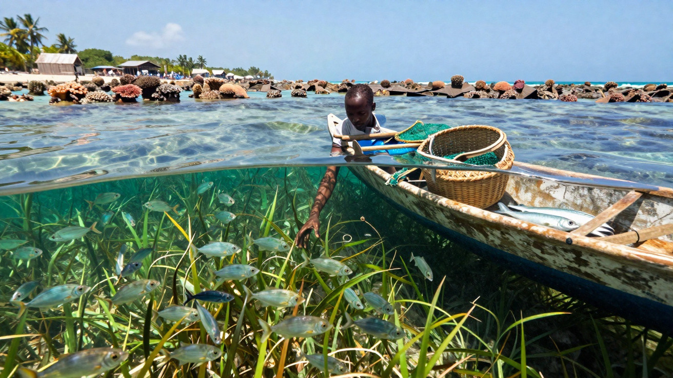 Homme dans une pirogue touchant des poissons dans une eau cristalline près d'un village côtier tropical.
