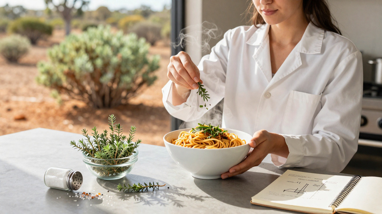 Femme en blouse blanche ajoutant des herbes fraîches sur un bol de spaghetti, avec un carnet et du sel sur la table.