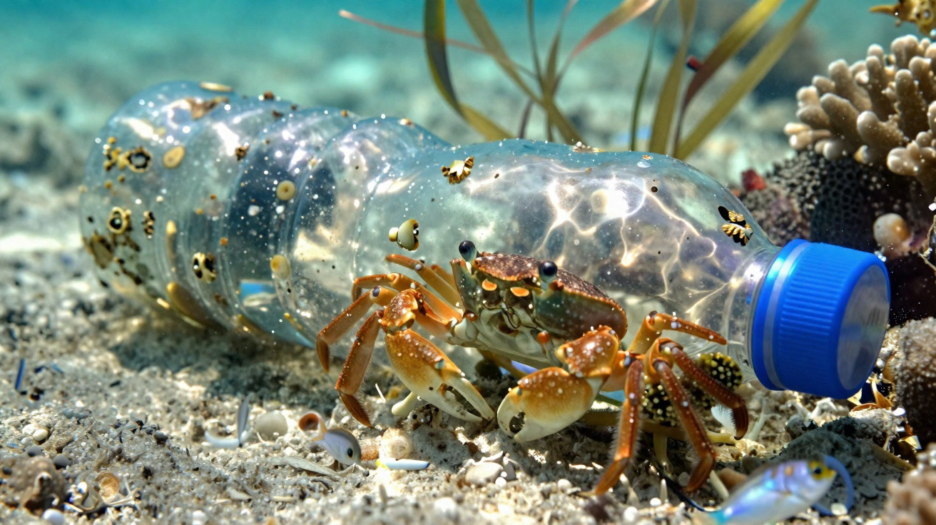 Un crabe sur le sable à côté d'une bouteille en plastique transparente au fond de la mer.