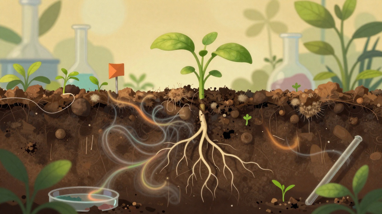 Coupe transversale du sol montrant des racines de plantes en croissance avec des microorganismes et instruments scientifiques
