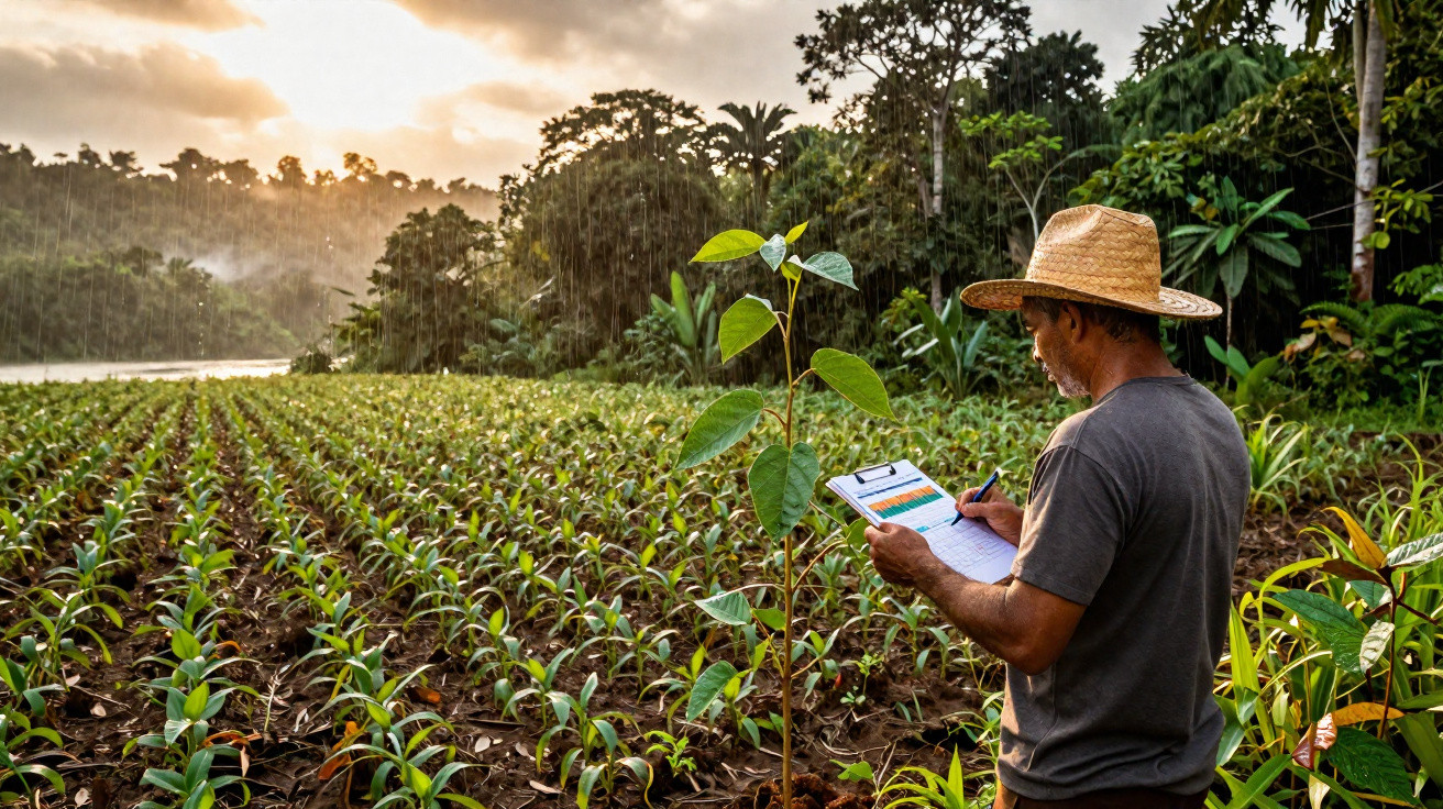 Agriculteur avec chapeau notant sur un clipboard dans un champ de jeunes plants sous la pluie au coucher du soleil.