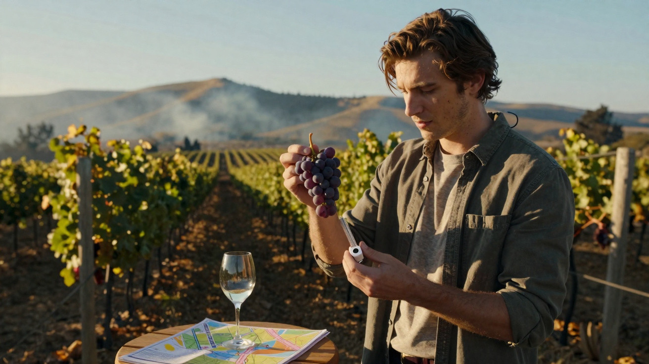 Homme dans un vignoble examinant une grappe de raisin avec une table contenant un verre de vin et un plan.