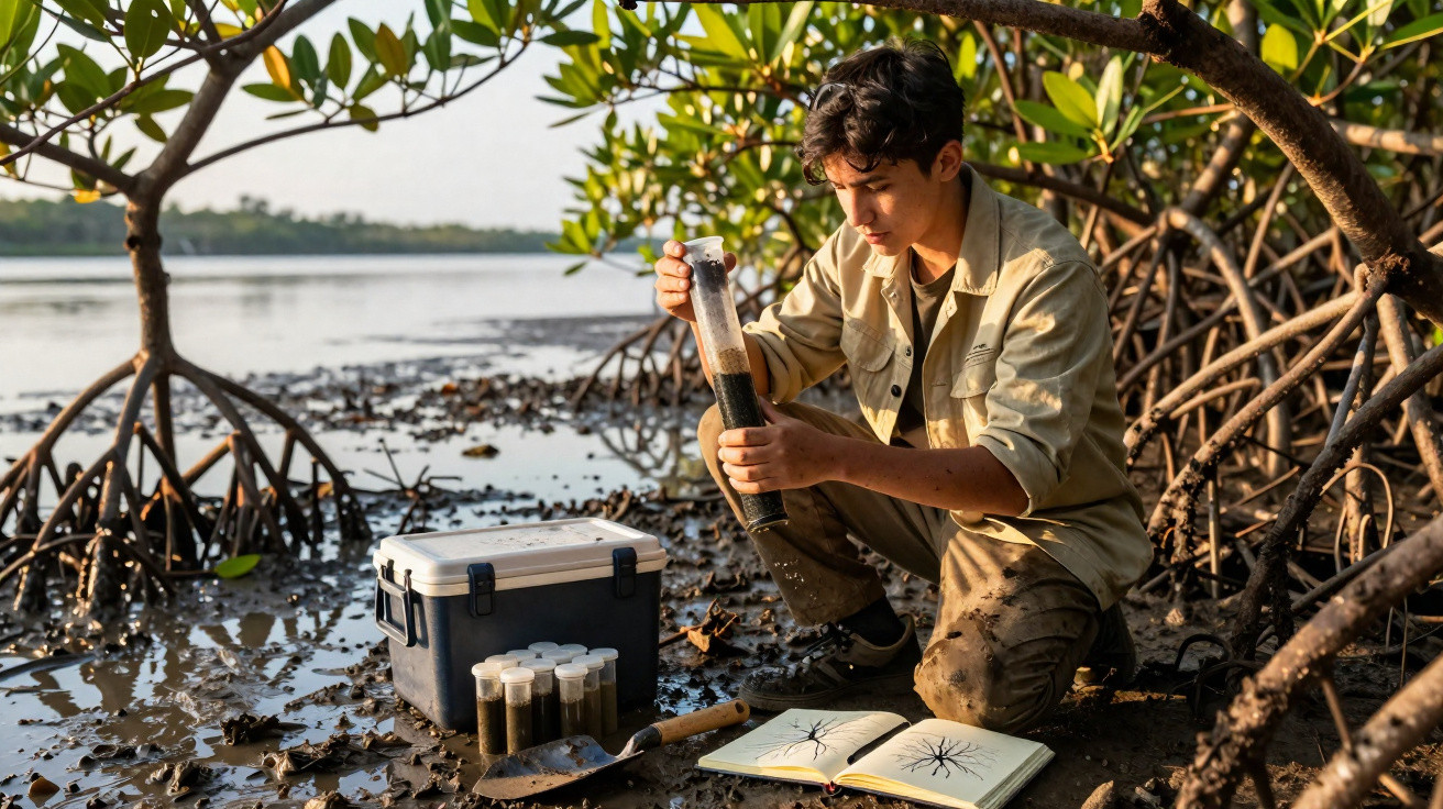Jeune homme étudiant un échantillon de boue dans un marais, entouré de mangroves, avec carnet et matériel de terrain.