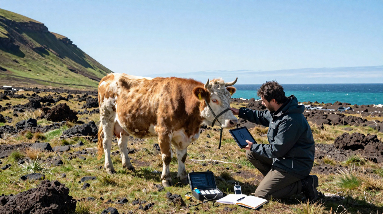Homme en plein air examinant une vache avec tablettes et carnet près de la mer sur terrain rocheux.