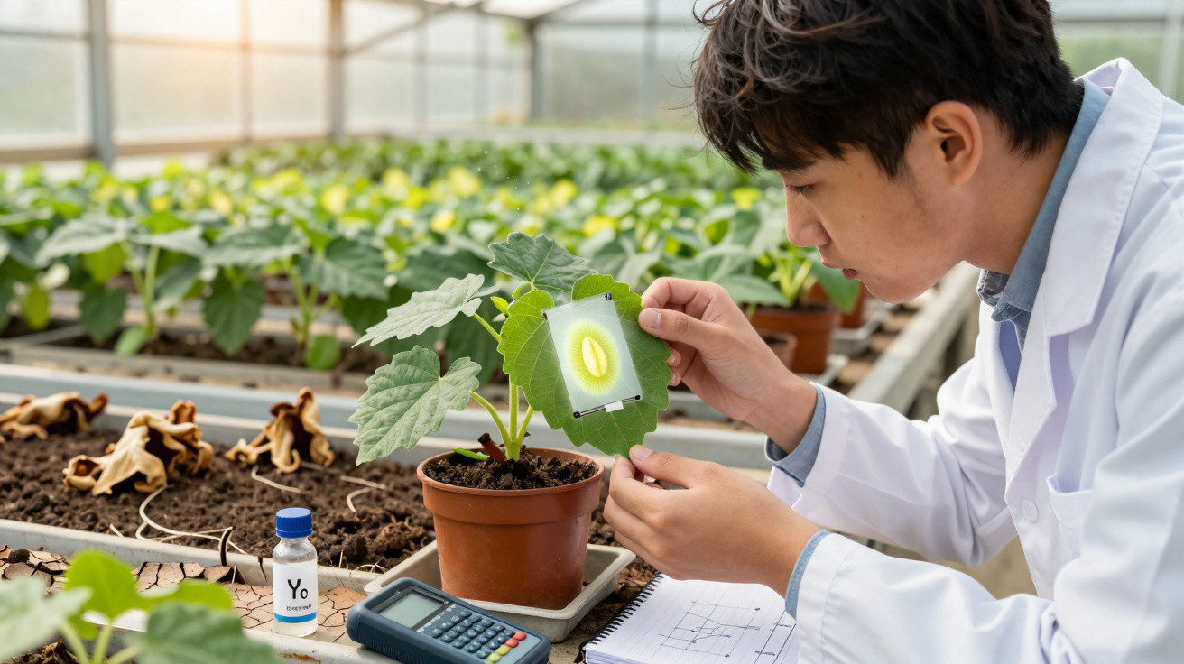 Chercheur en blouse blanche analysant une feuille de plante en serre avec des instruments scientifiques.