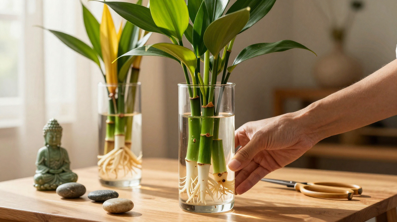 Main ajustant un vase en verre contenant des tiges vertes aux racines immergées sur une table en bois.