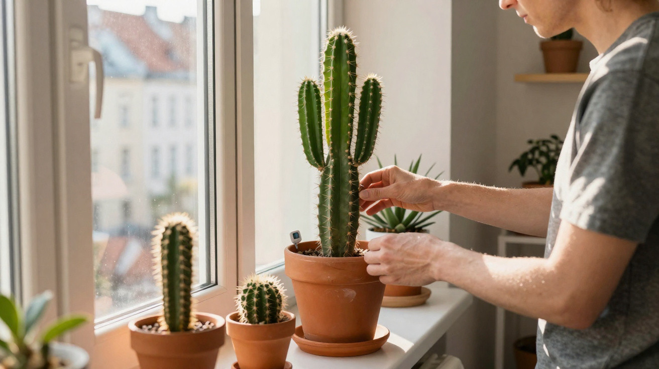 Personne soigne un cactus sur le rebord d'une fenêtre avec plusieurs petites plantes en pot autour.
