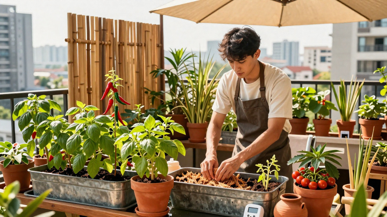 Un homme jardine des plantes aromatiques et des légumes dans des pots sur un balcon ensoleillé.