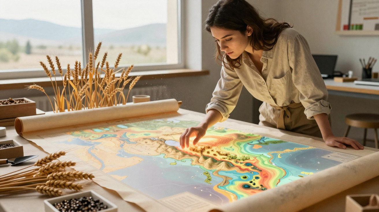 Jeune femme analysant une carte topographique colorée posée sur une table devant une fenêtre lumineuse.