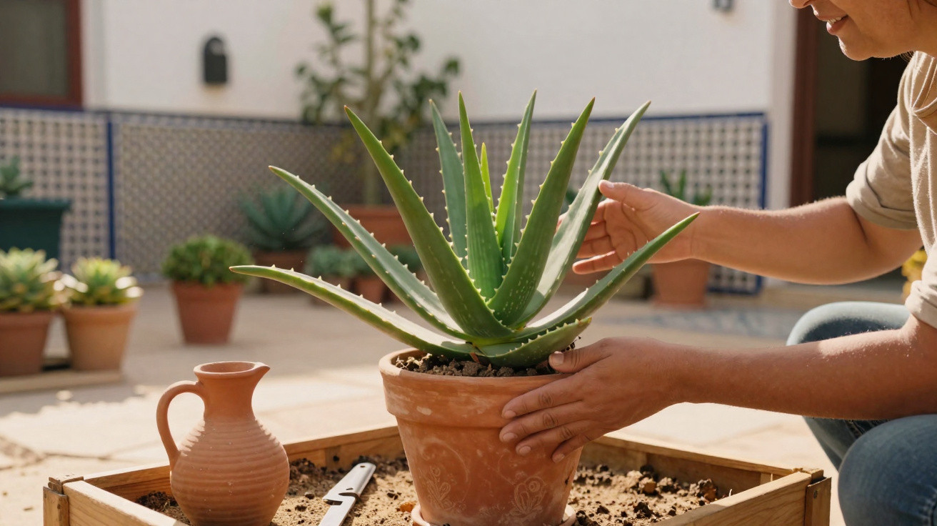 Personne prenant soin d'un aloès dans un pot en terre cuite sur une terrasse lumineuse.