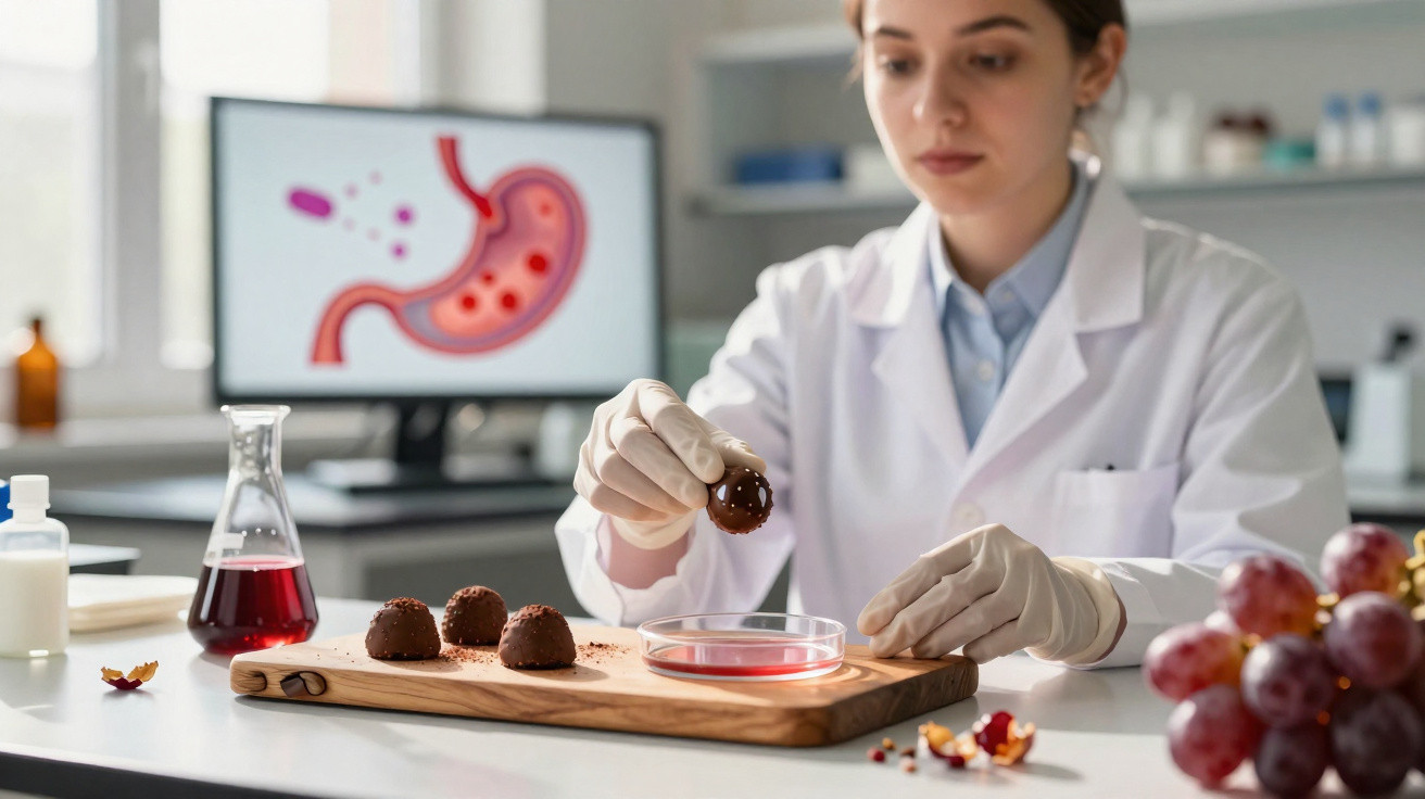 Chercheuse en blouse blanche manipulant des aliments dans un laboratoire avec une image d'estomac sur un écran.