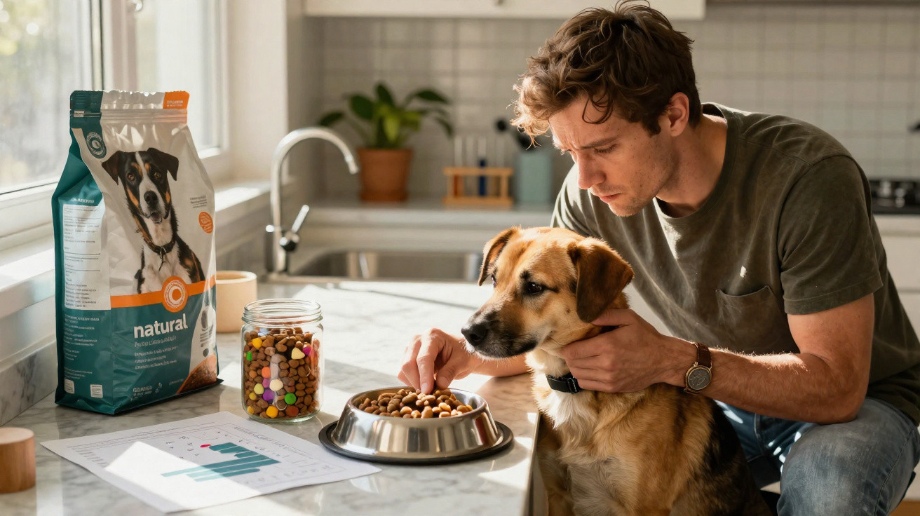 Homme donnant des croquettes à un chien dans une cuisine moderne, avec un sac de nourriture et un bocal à côté.
