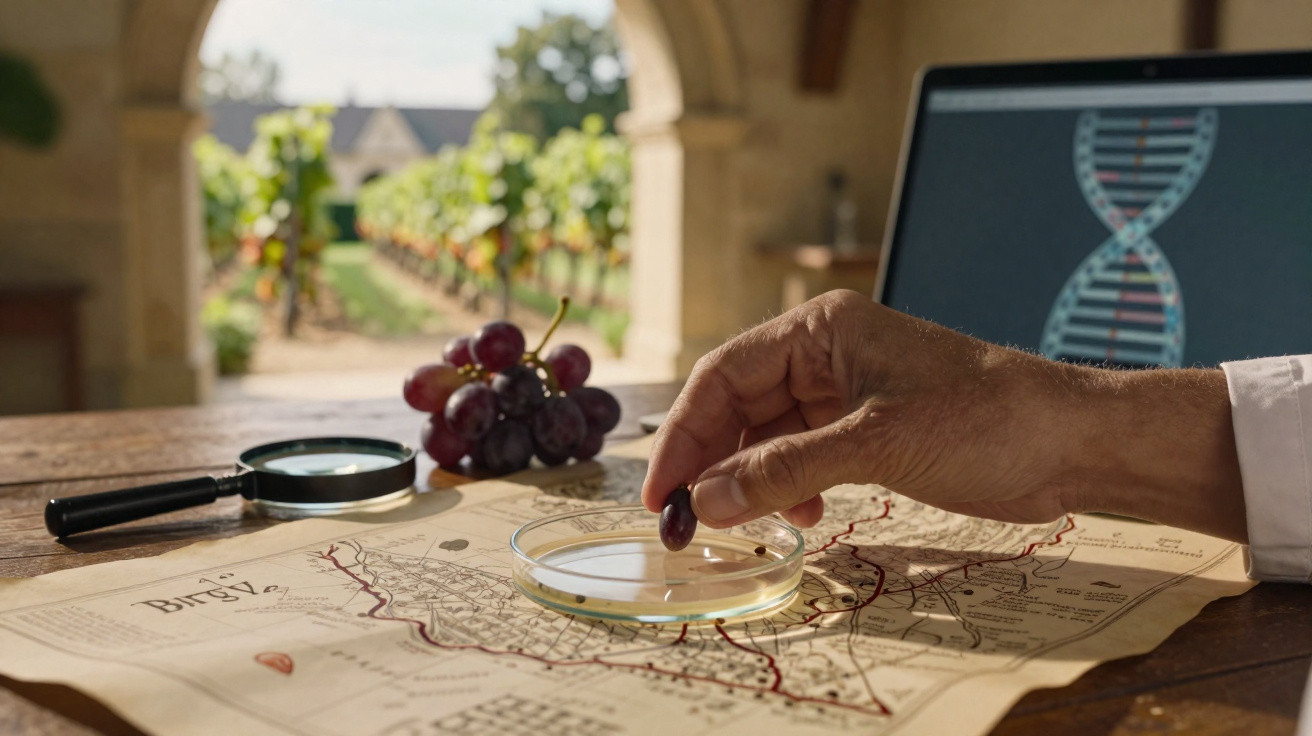 Main posant un raisin dans une boîte de Petri sur une carte avec un grappillon et un ordinateur affichant un ADN.