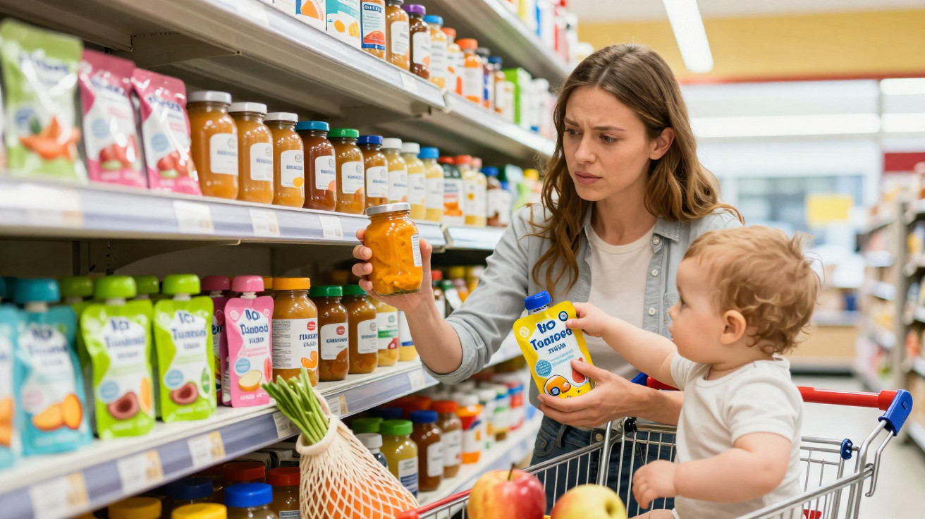 Femme choisissant un bocal dans une allée de produits pour bébé, avec un enfant dans un chariot de supermarché.