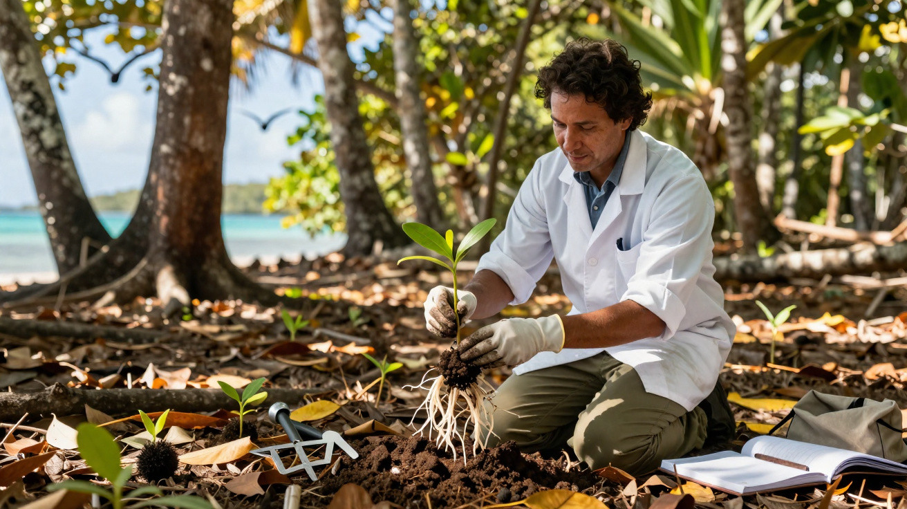 Homme en blouse blanche plantant un jeune arbre en forêt près de la mer, outils et carnet à côté.