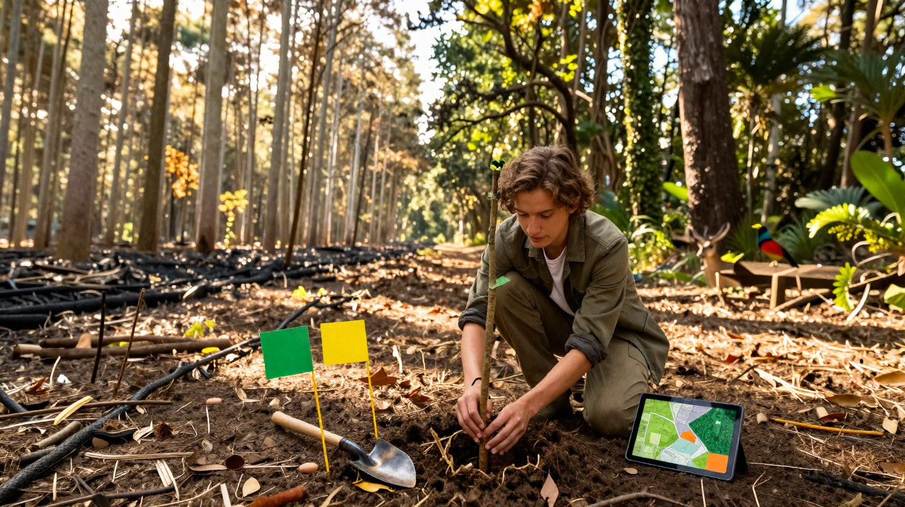 Jeune homme plantant un arbre dans une forêt, avec des drapeaux colorés et une tablette affichant une carte.
