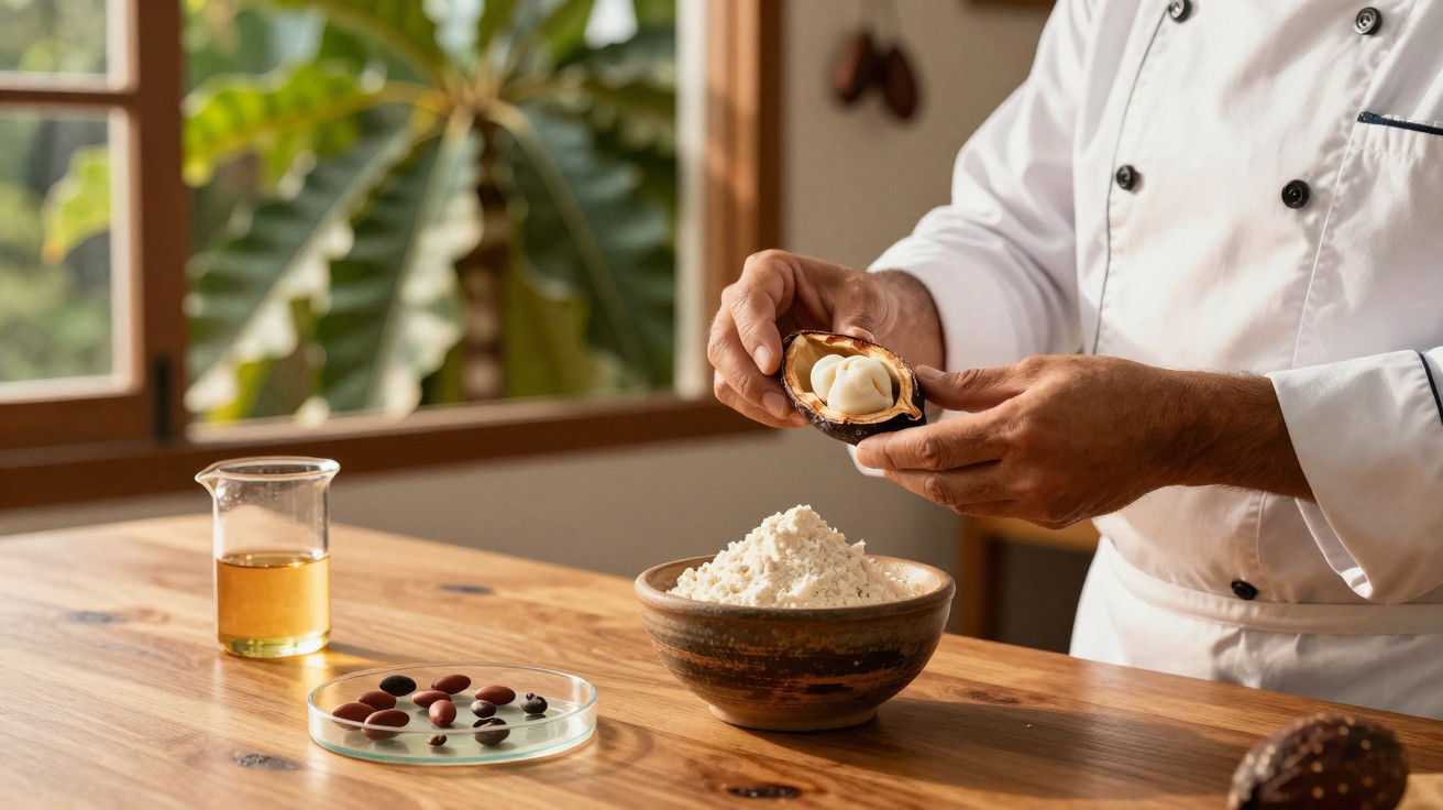 Chef ouvrant une cabosse de cacao, avec farine, fèves de cacao et huile sur une table en bois.