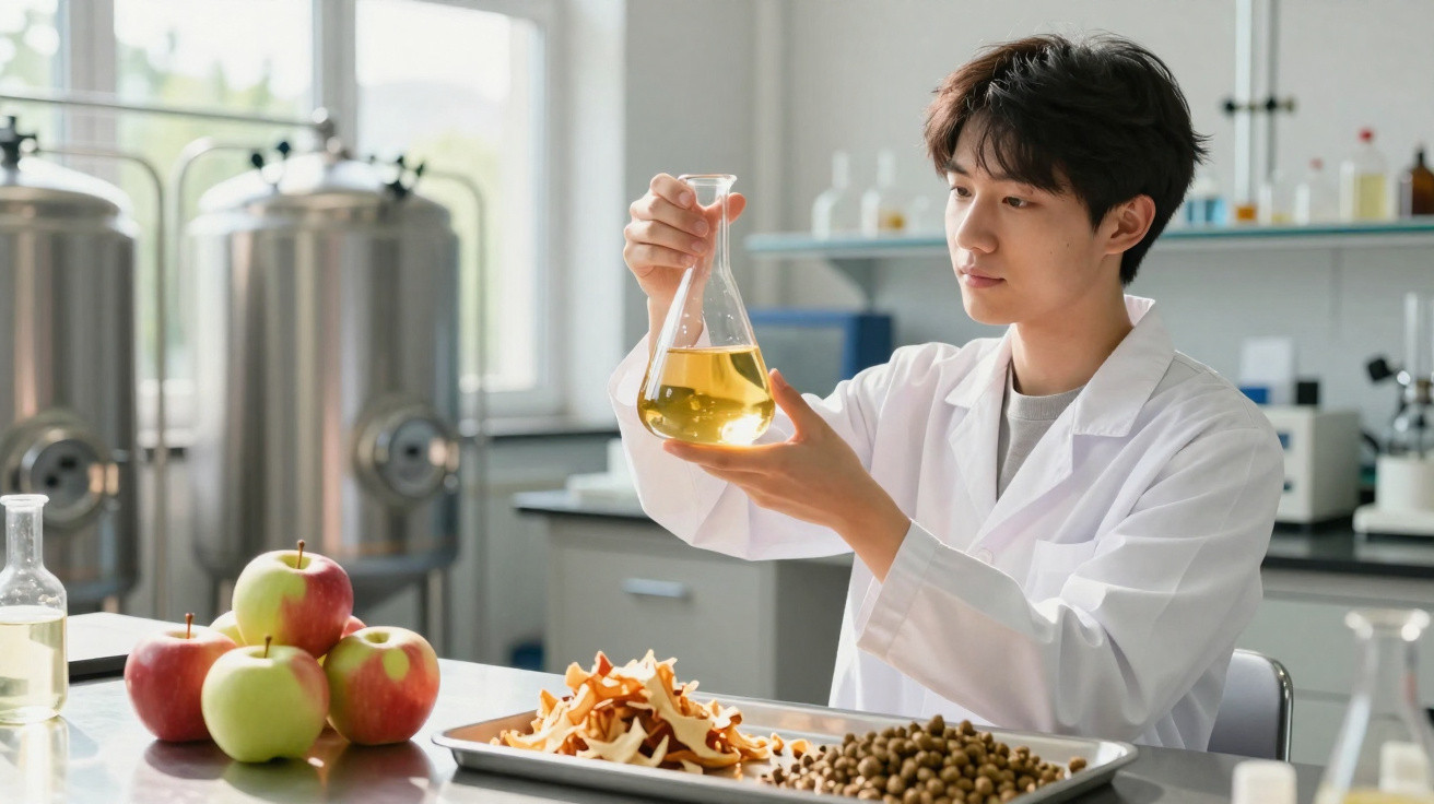 Chercheur en blouse blanche analysant un liquide jaune dans une fiole, avec des pommes et des ingrédients sur la table.