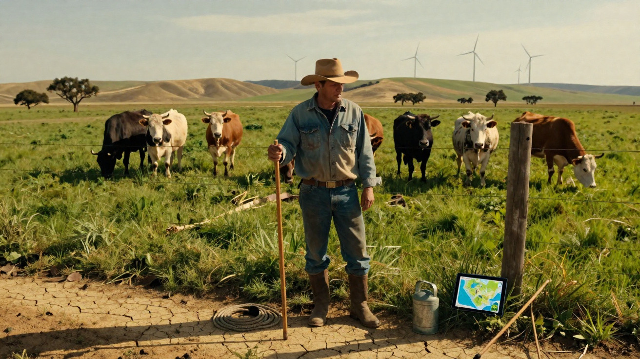 Homme en tenue de cowboy surveillant un troupeau de vaches dans un champ avec une tablette posée sur le sol.