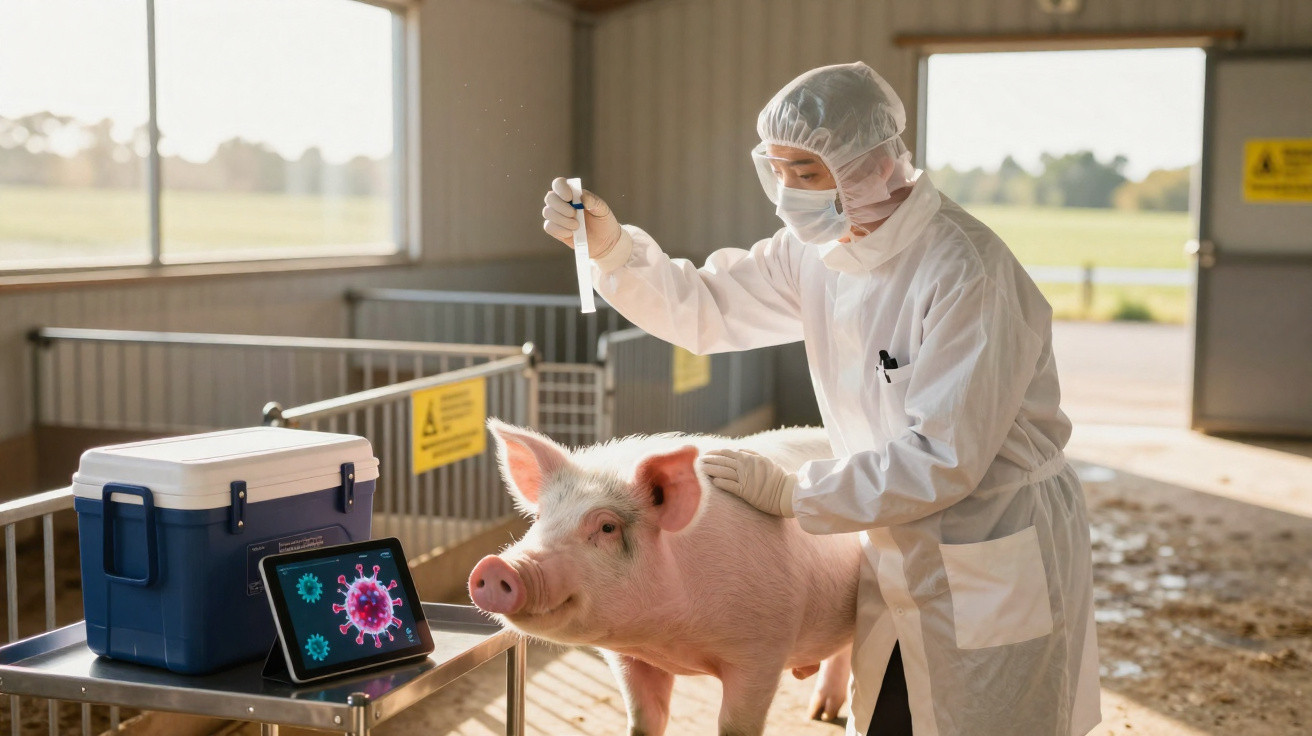Vétérinaire en tenue de protection effectuant un test de dépistage viral sur un cochon dans une étable.