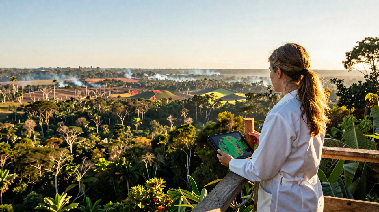 Personne en blouse blanche avec tablette observant une forêt tropicale défrichée au loin au coucher du soleil.