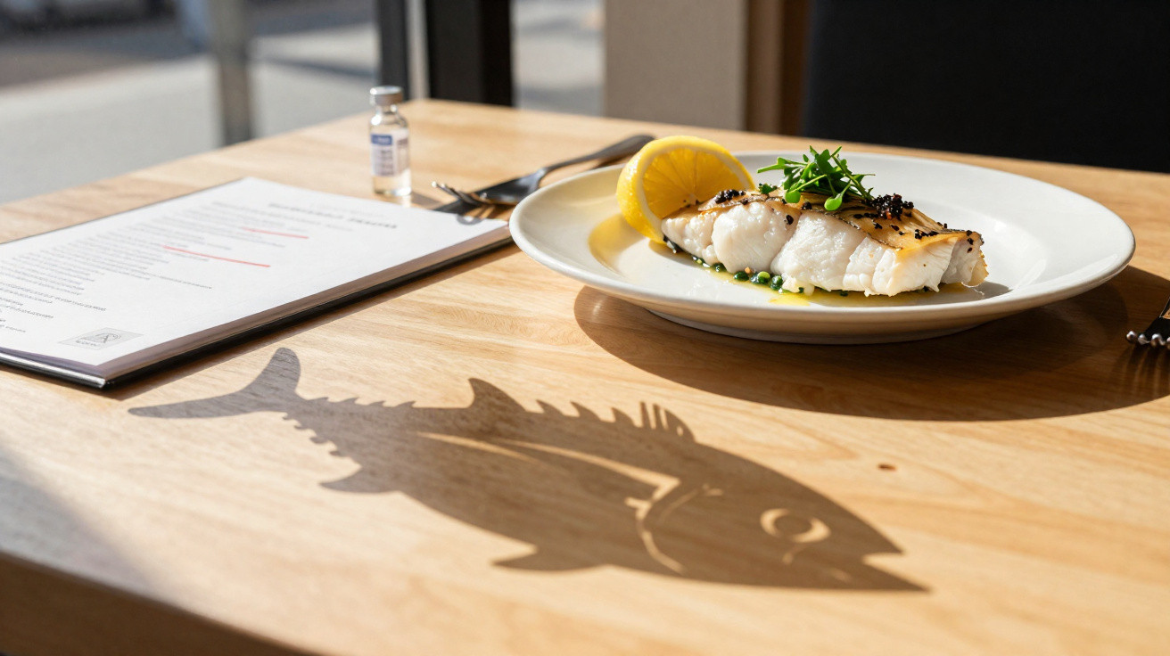 Plat de poisson avec citron sur une table en bois projetant une ombre en forme de poisson.