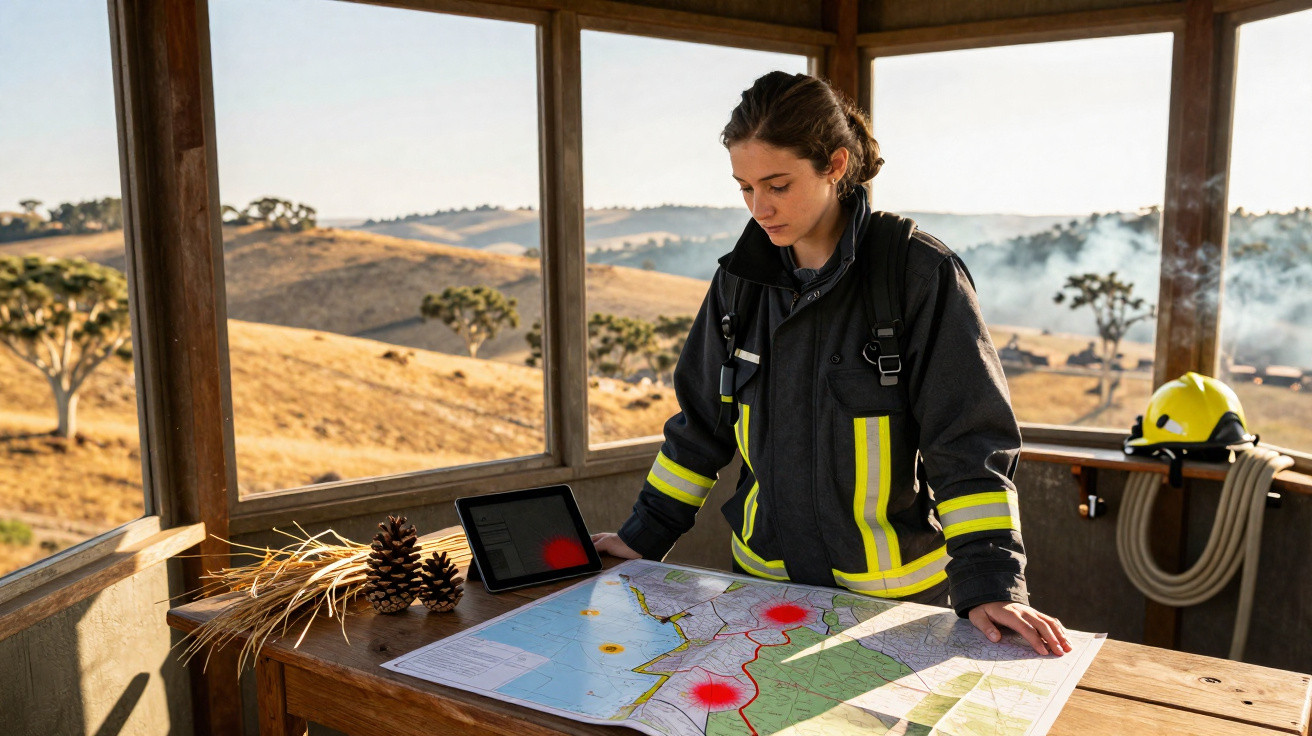 Pompière en tenue examine une carte de feux de forêt dans une tour d'observation en milieu rural.