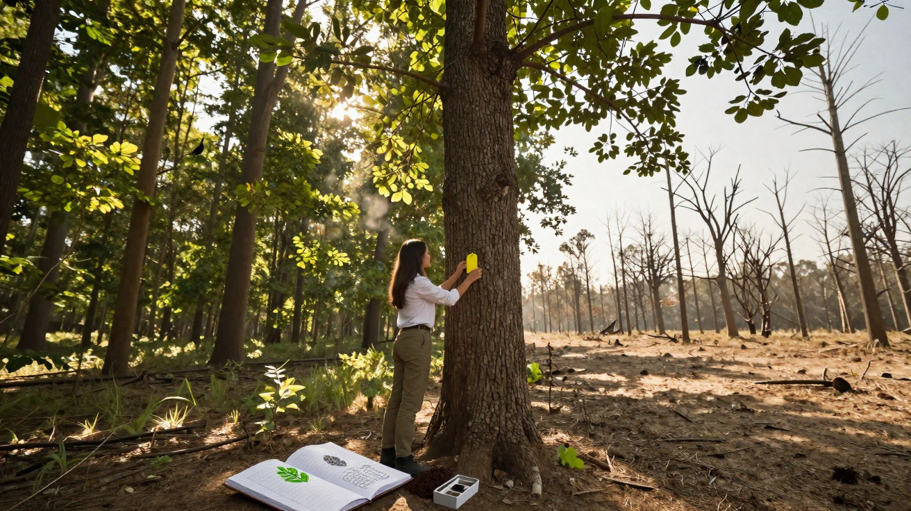Femme analysant un arbre dans une forêt ensoleillée, avec un livre et un appareil posé au sol.