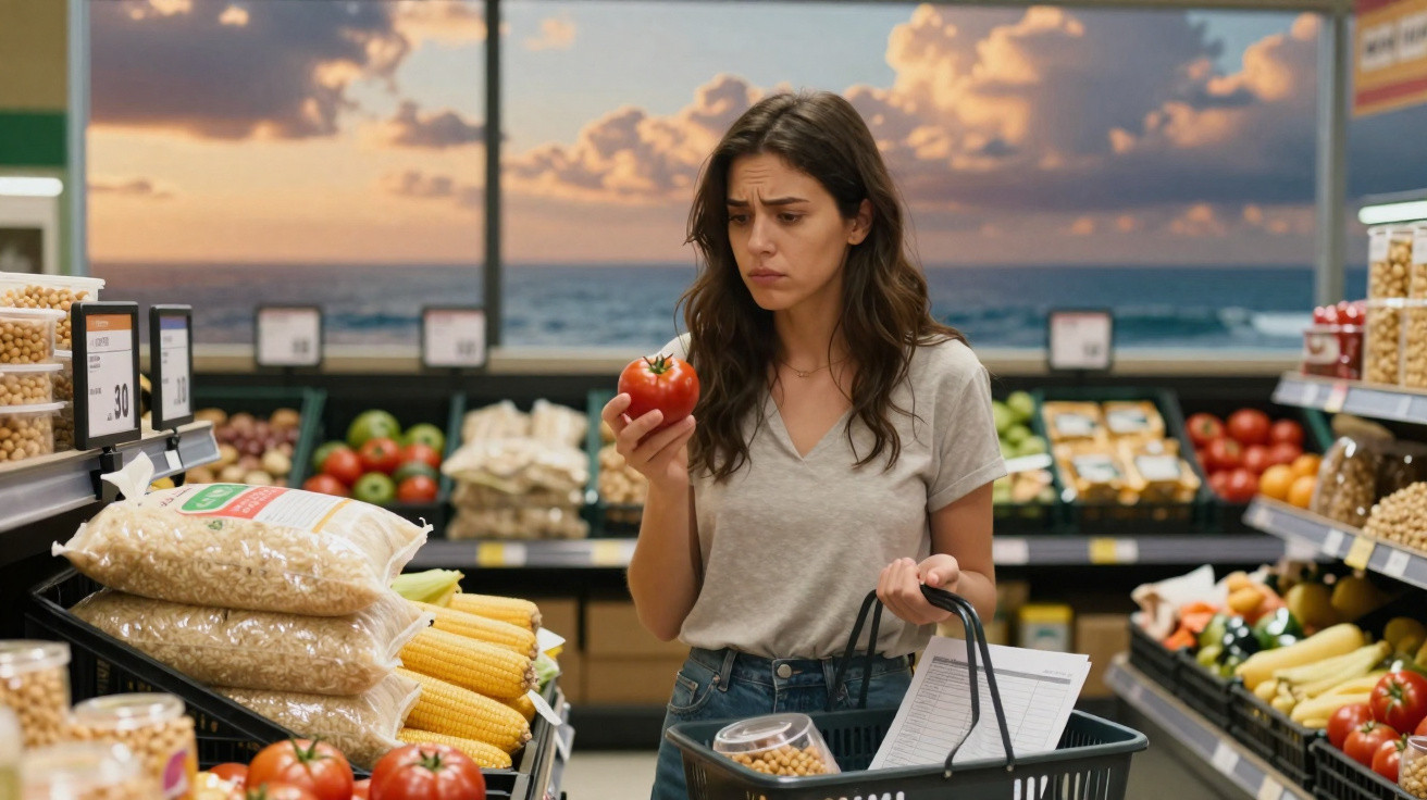 Femme dans un supermarché examine une tomate avec un air perplexe, panier d'achat à la main, rayons de légumes autour.