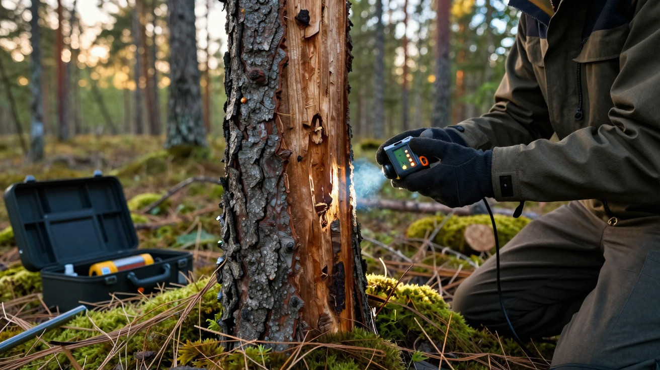 Personne en tenue verte analysant un tronc d’arbre blessé avec un appareil électronique en forêt.