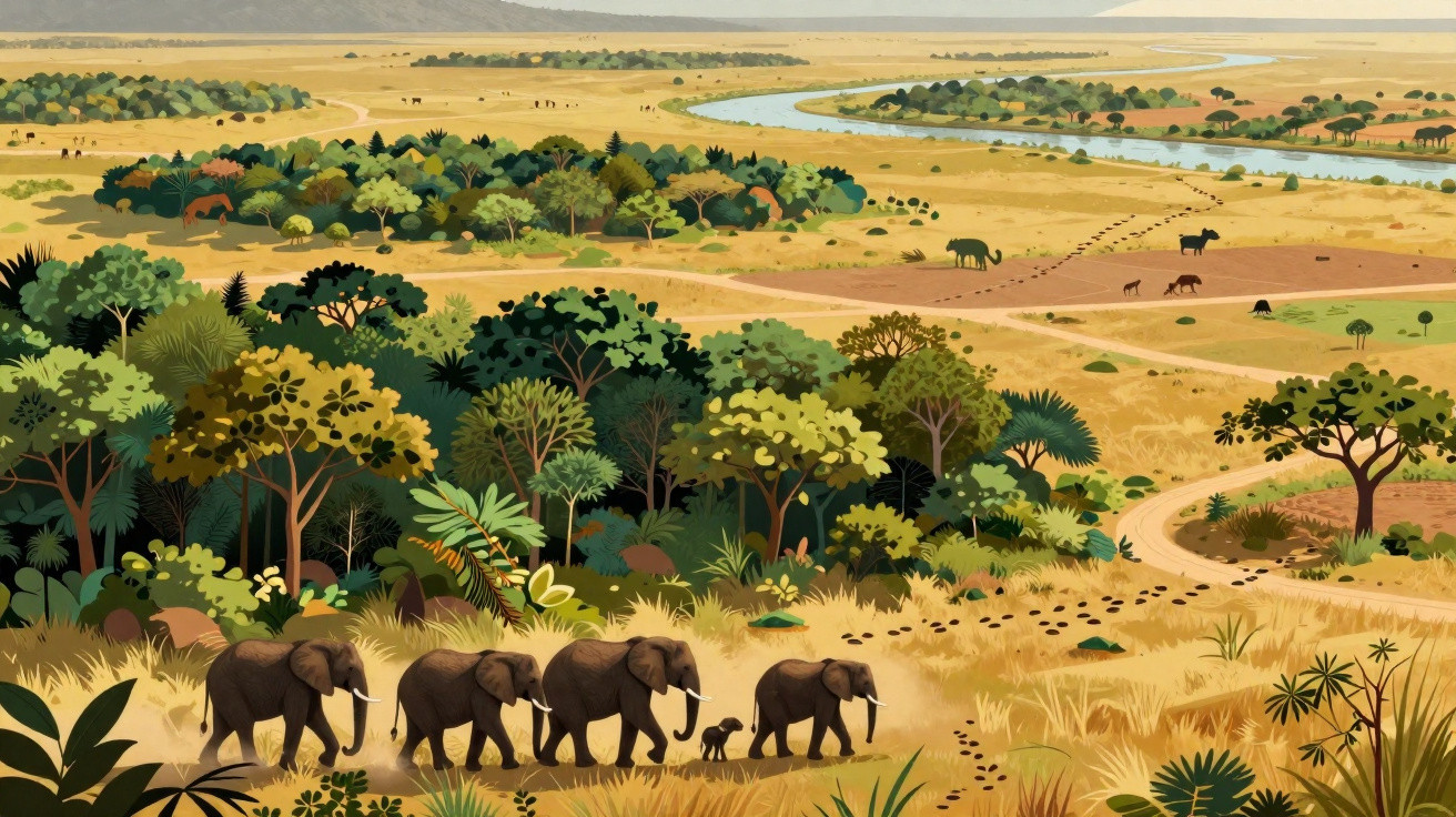 Paysage africain avec troupeau d'éléphants traversant la savane entre forêt et rivière au loin.