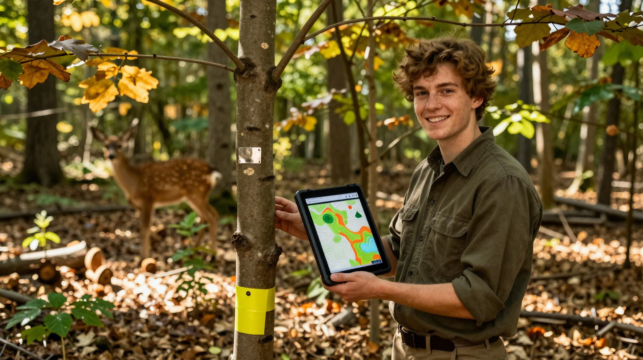 Un jeune homme en forêt avec une tablette montrant une carte topographique, un faon en arrière-plan.