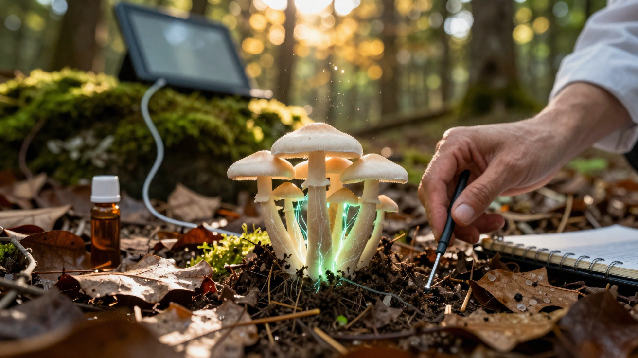 Gros plan sur des champignons lumineux dans une forêt avec une main utilisant un outil près d'un carnet.