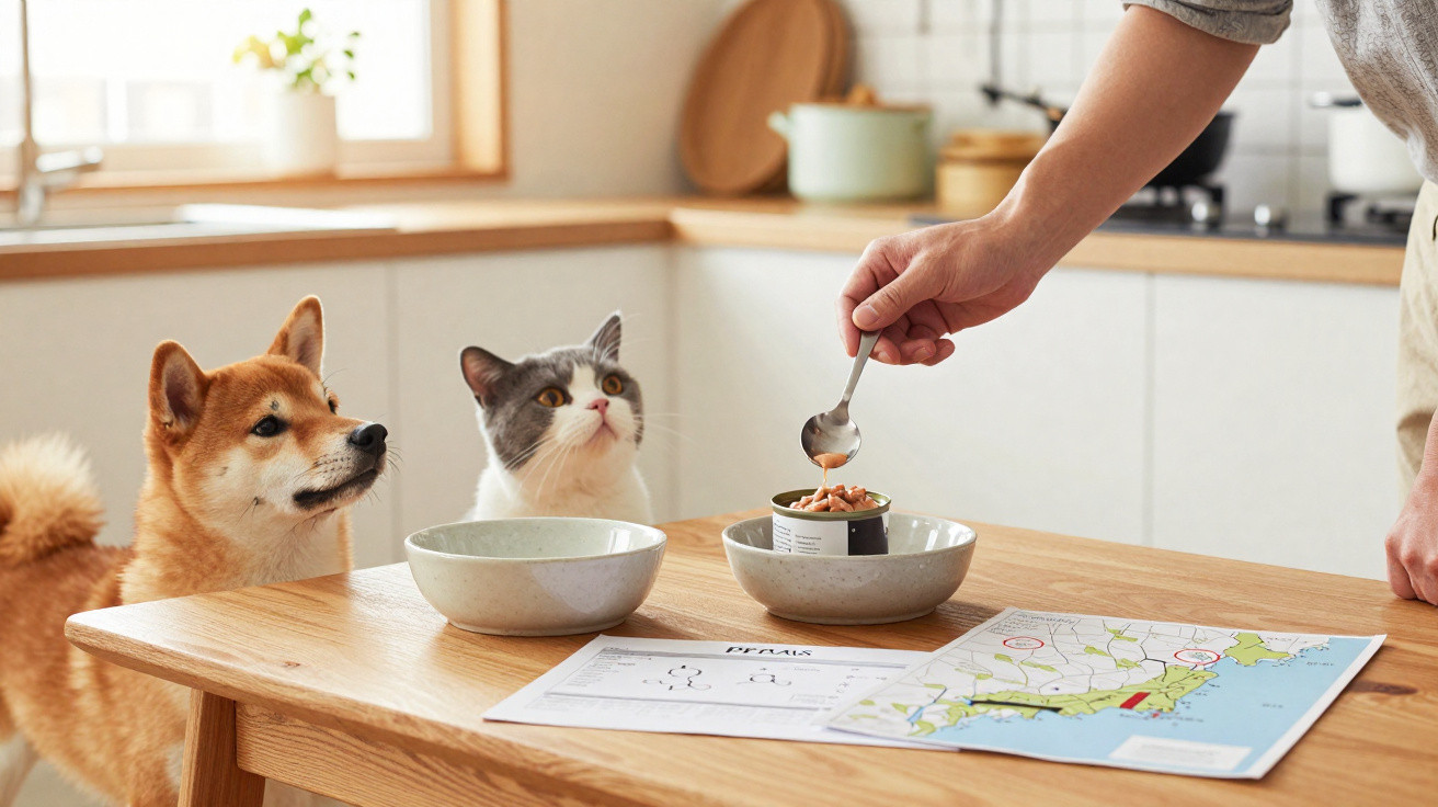 Un chien et un chat attendent de la nourriture sur une table de cuisine claire.