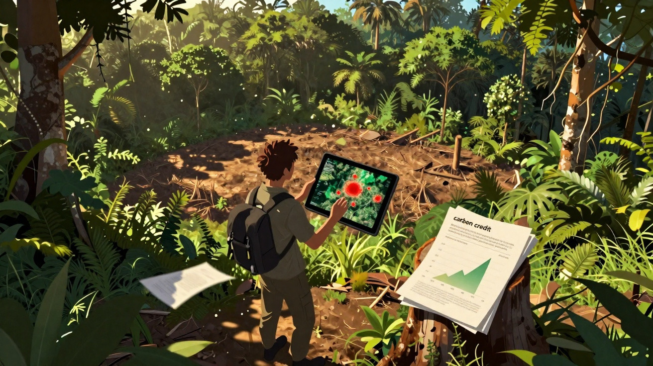 Personne dans une forêt tropicale analysant une tablette avec données sur la déforestation et crédits carbone.