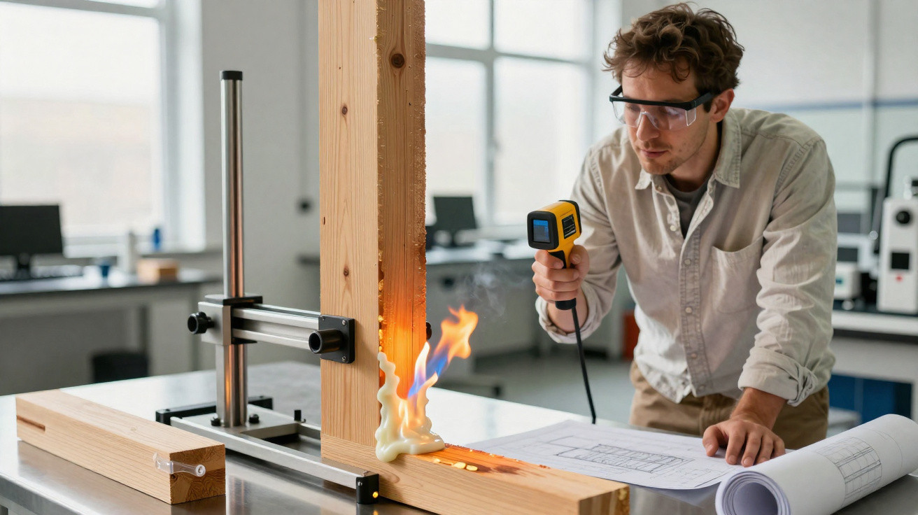 Homme avec lunettes de sécurité mesurant la température d’un test de combustion sur une structure en bois en laboratoire.
