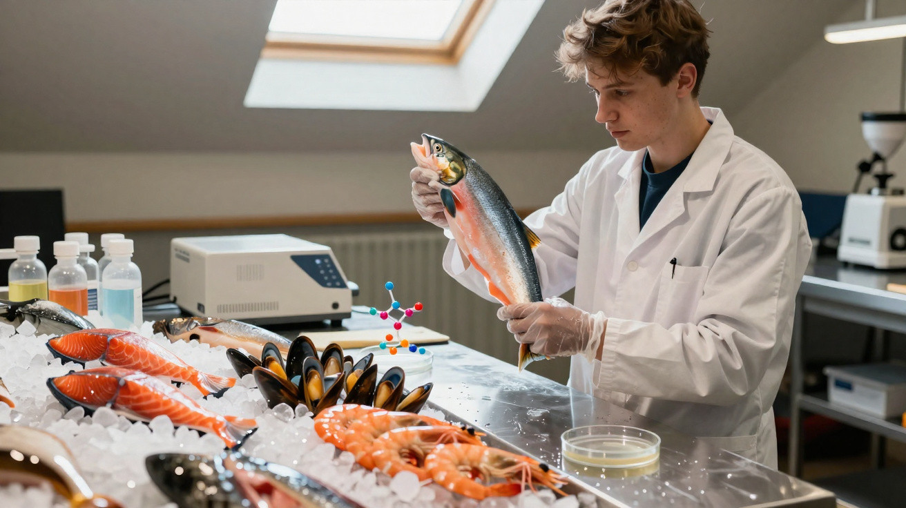 Scientifique en blouse blanche examinant un poisson dans un laboratoire avec fruits de mer sur glace.