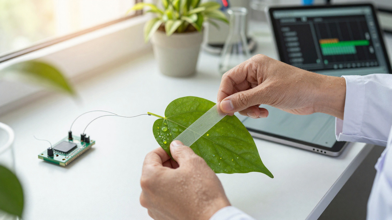 Personne en blouse blanche appliquant un capteur sur une feuille verte devant un ordinateur portable.